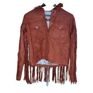 Juicy‎ Couture Fringe Jacket Western Festival Faux Suede Rust Snap Front